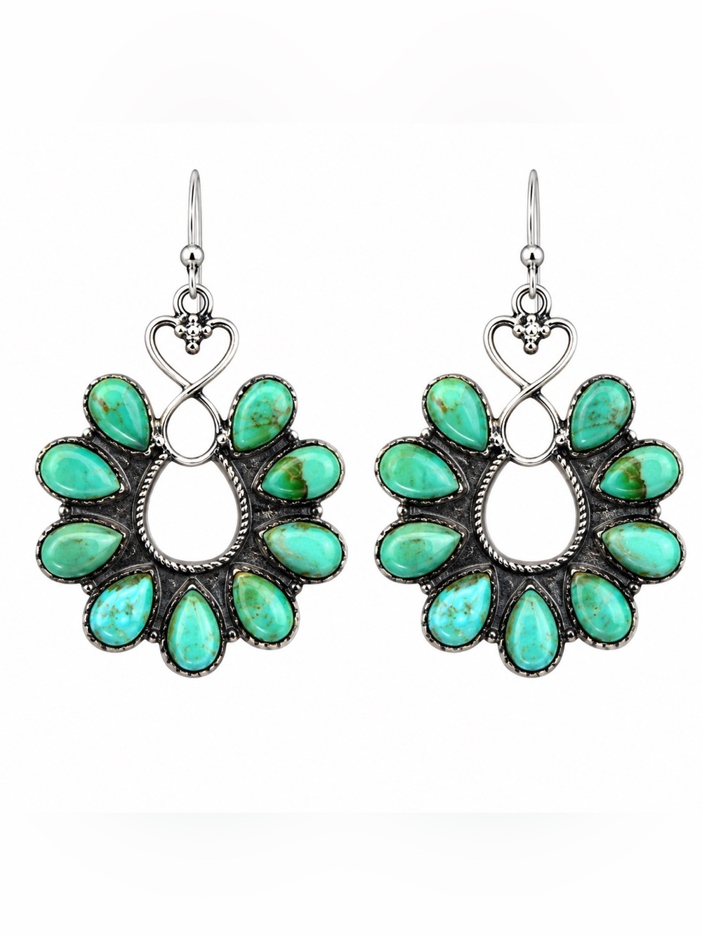 Turquoise Teardrop Sunburst Earrings with Heart Accent - Women Jewelry